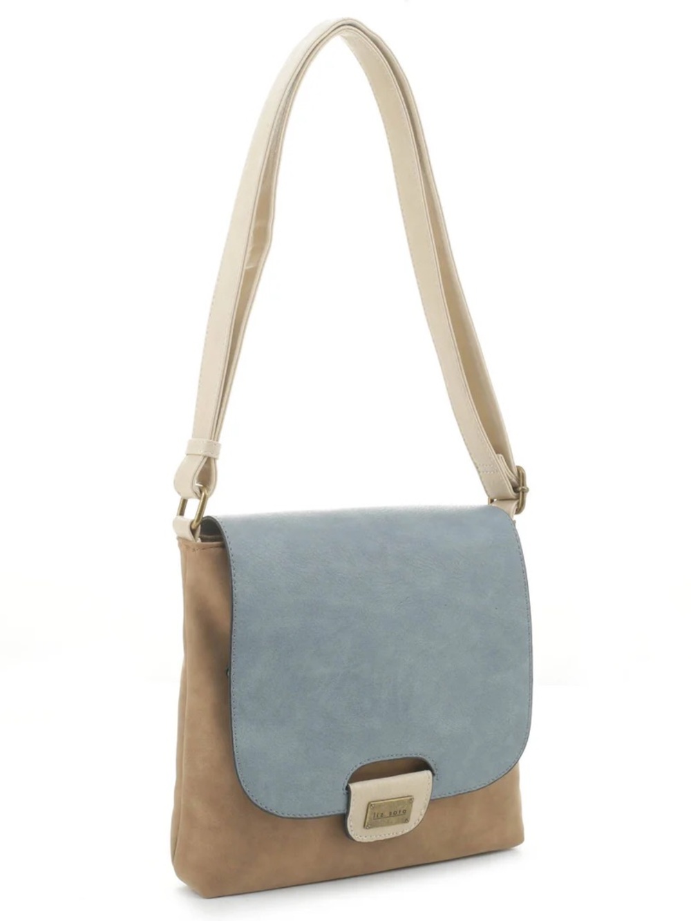 Liz Soto Amy Vegan Leather Shoulder Bag Crossbody Blue & Tan Adjustable Strap